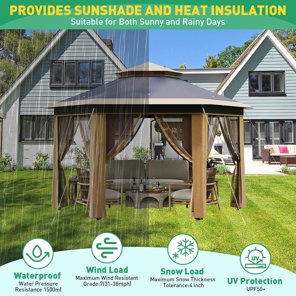 13' x 13' Pop-Up Gazebo, Hexagonal Canopy Shelter with 6 Zippered Mesh Netting, Event Tent with Strong Steel Frame for Backyard, Garden, Lawn, Khaki and Beige