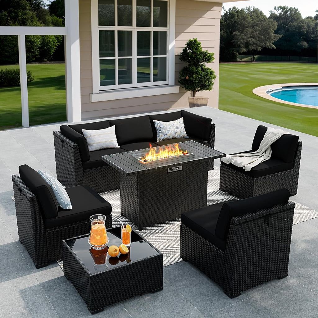 8 Pieces Outdoor Patio Furniture Set with 44' Fire Pit Table Black Rattan Sectional Conversation Sets w/Gas Fire Pit, Coffee Table, 1 Waterproof Covers, Black