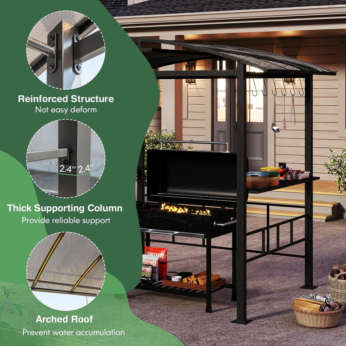 Tangkula 8x5 FT Hardtop Grill Gazebo, Outdoor Double-Tiered Barbecue Canopy with Vented Polycarbonate Roof, 2 Side Shelves, 6 Hooks, Outdoor Grill Shelter for Patio Garden Lawn Deck (Black)