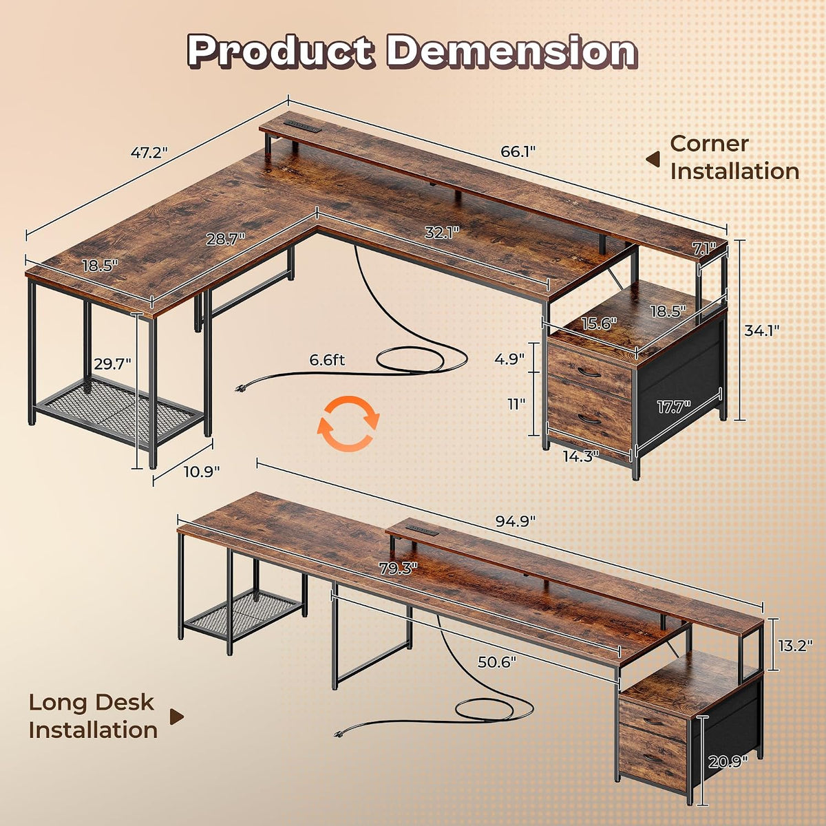 PRAISUN 66' L Shaped Gaming Desk with LED Lights & Power Outlets, Computer Desk with Fabric Drawers and Print Stand, Corner Office Desk, Monitor Stand, Mesh CPU Stand, Rustic Brown