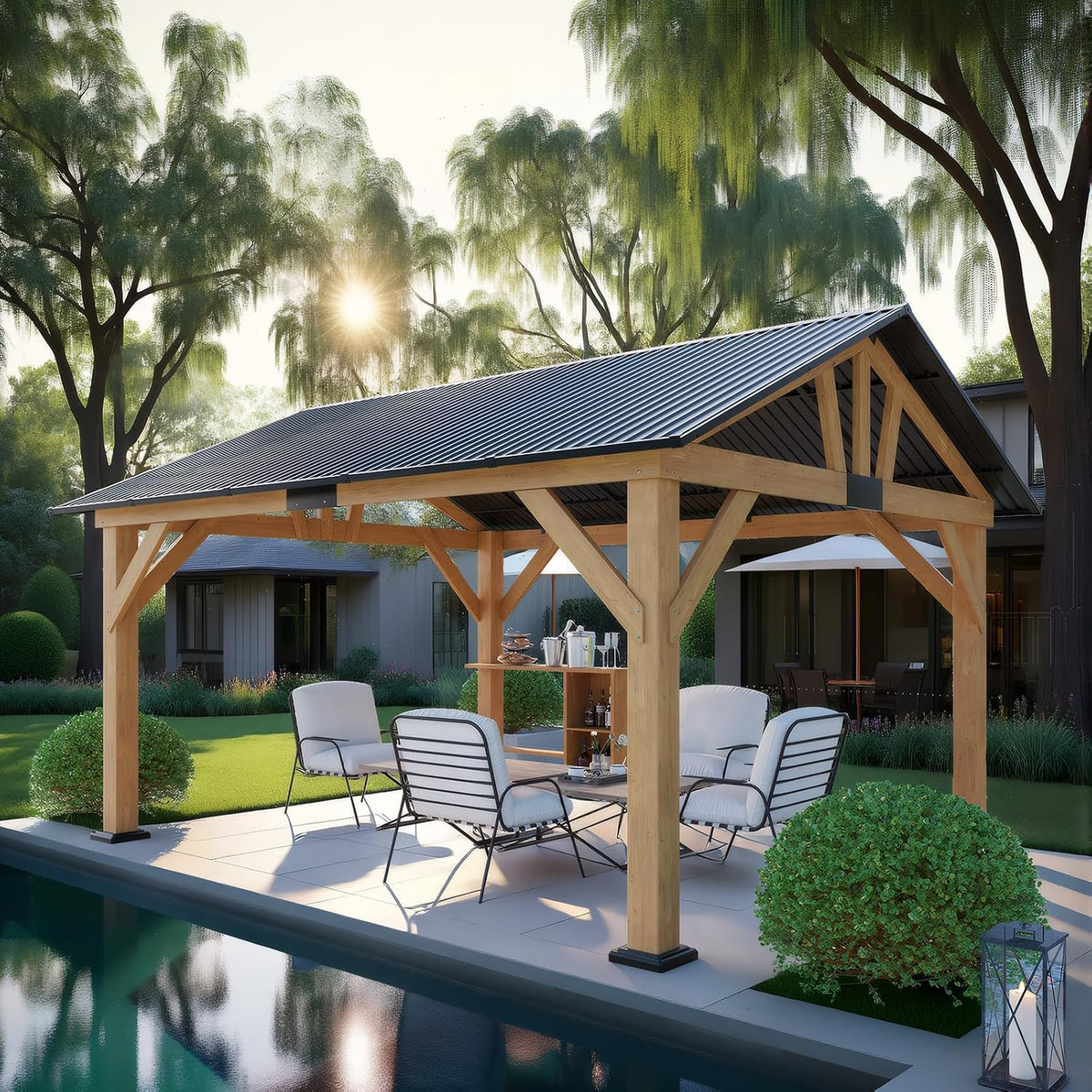 AMERLIFE 13x15 ft Spruce Wood Gazebo, Outdoor Gazebo with Bar Storage, Hardtop Wooden Paviloin with Metal Steel Gable Roof, Patio, Garage, Black + Natural Wood