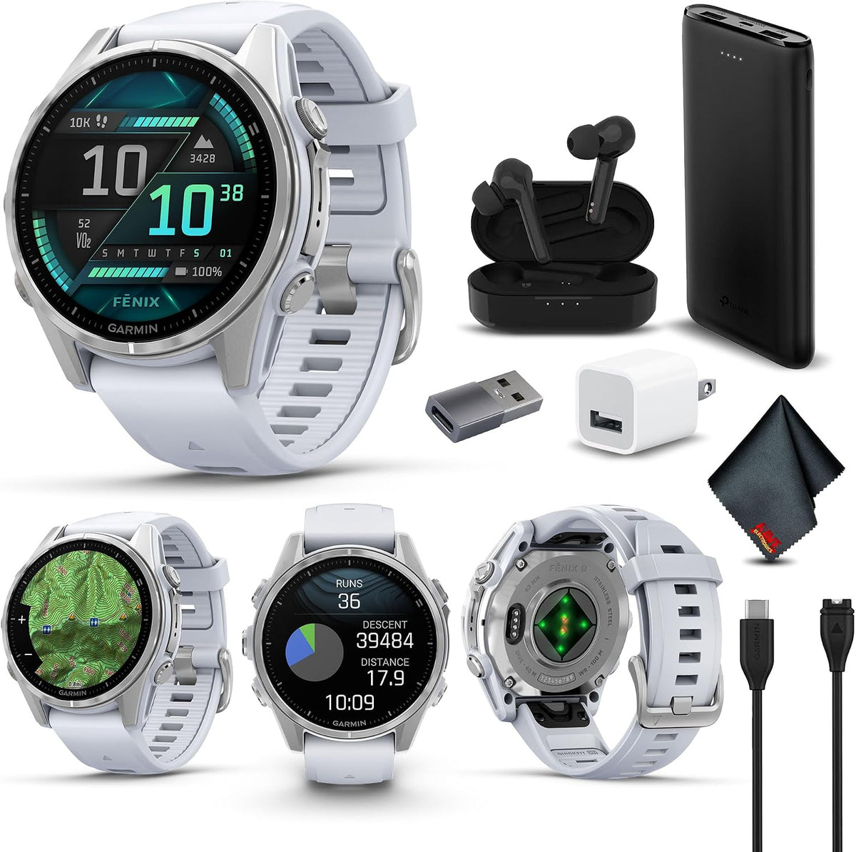 Garmin Fenix 8 43MM AMOLED Premium Multisport GPS Smartwatch Silver with Whitestone Silicone Band, Built-in LED Flashlight, Fitness & Health Smart Watch Bundle for Men & Women