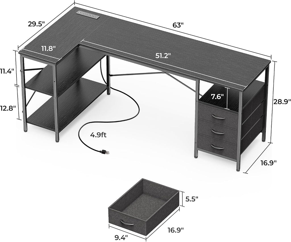 Huuger L Shaped Desk with Power Outlets, 63 Inch Reversible Computer Desk with 3 Drawers and Shelves, Home Office Table for Corner Work Study Writing Gaming, Black