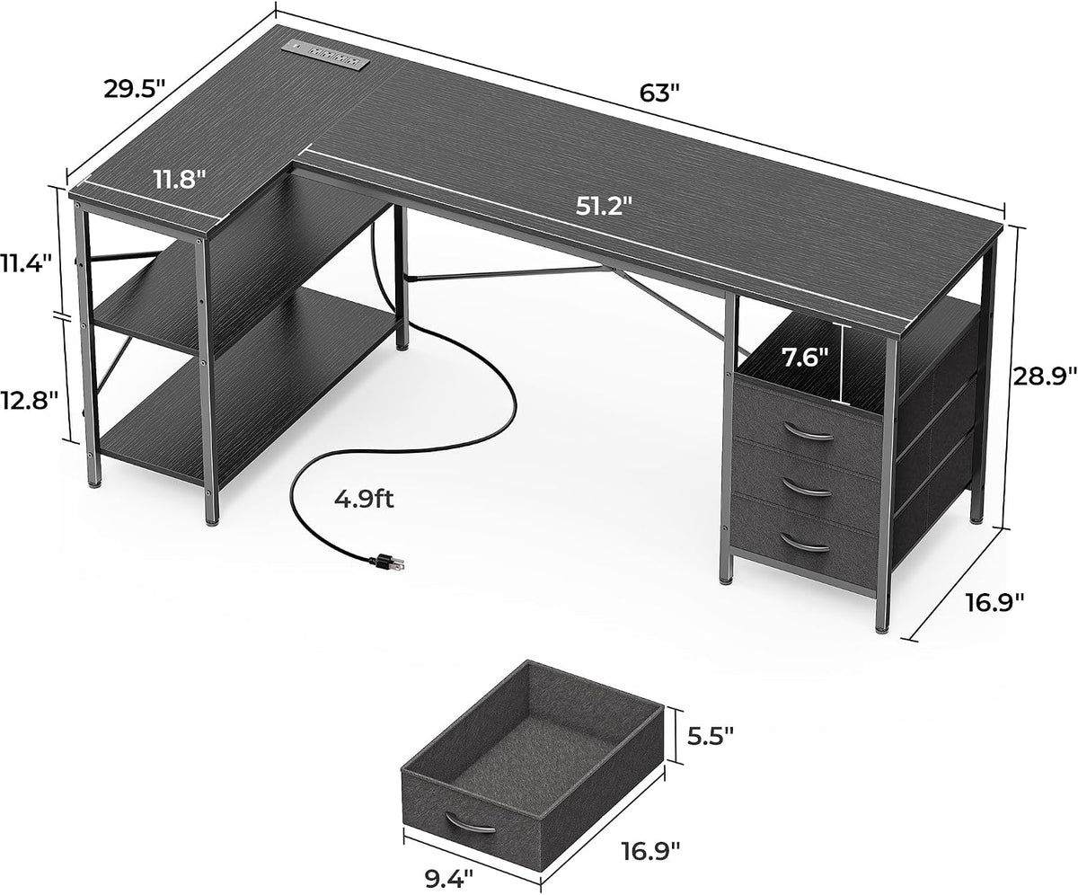Huuger L Shaped Desk with Power Outlets, 63 Inch Reversible Computer Desk with 3 Drawers and Shelves, Home Office Table for Corner Work Study Writing Gaming, Black