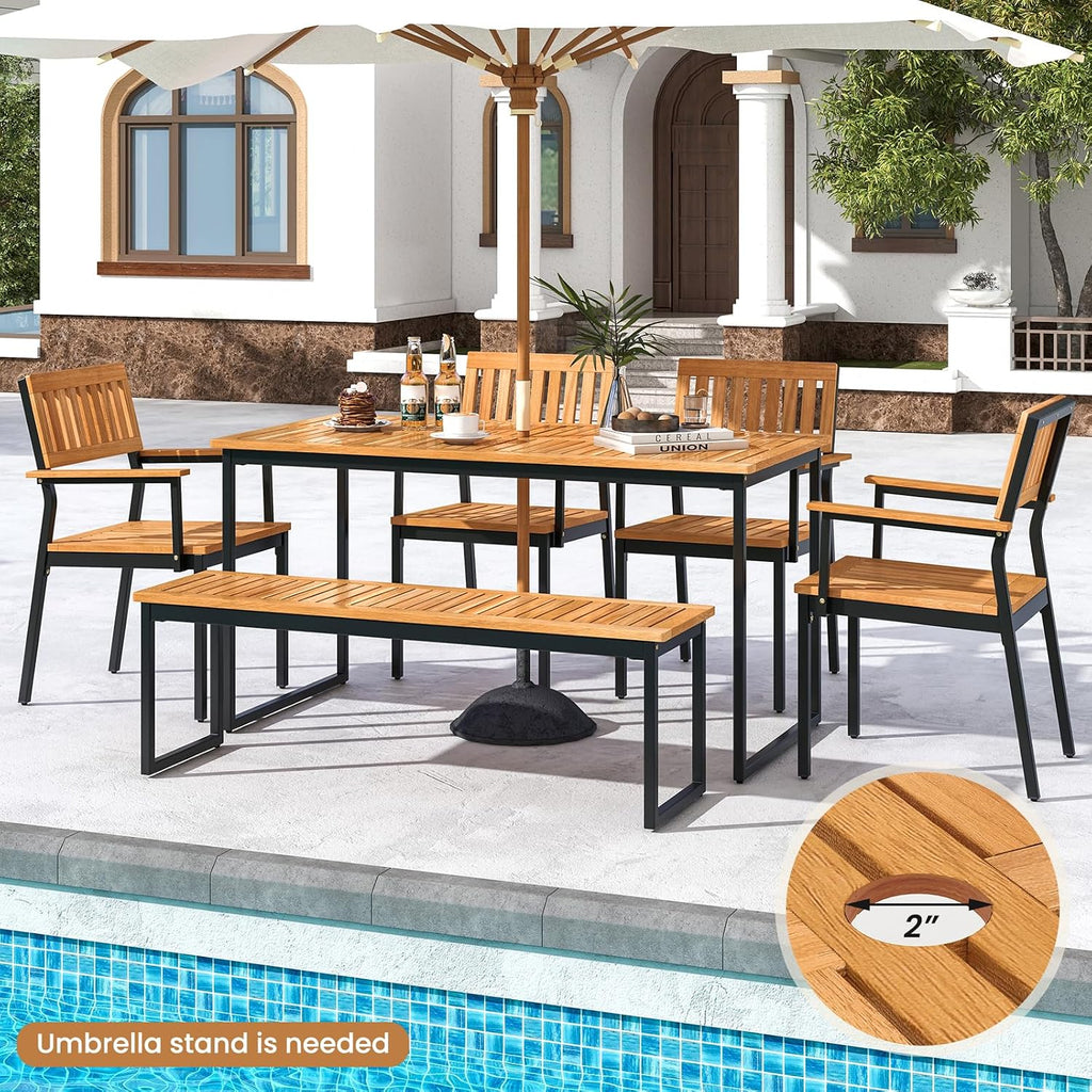 Tangkula 6 Pieces Outdoor Acacia Wood Dining Set, Patio Table and Chairs Set with Bench for 6-7 People, Outdoor Dining Furniture Set with 2' Umbrella Hole for Garden, Backyard and Poolside
