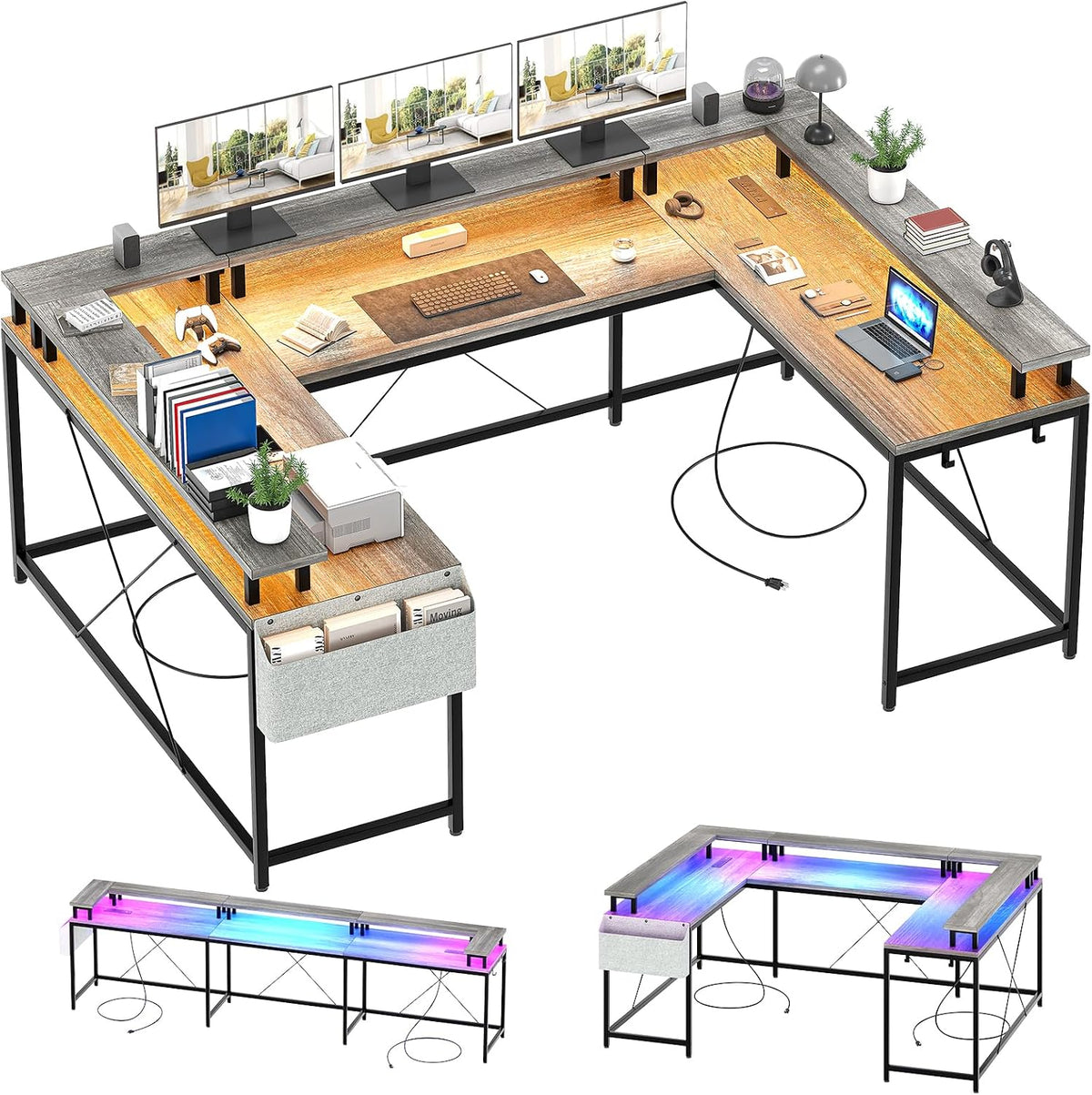 Jojoka U Shaped Computer Gaming Desk, Reversible L Shaped Desk with Power Outlets, LED Strip & Monitor Stand, Large Corner Desk with Storage Shelves for Home Office, Grey Oak