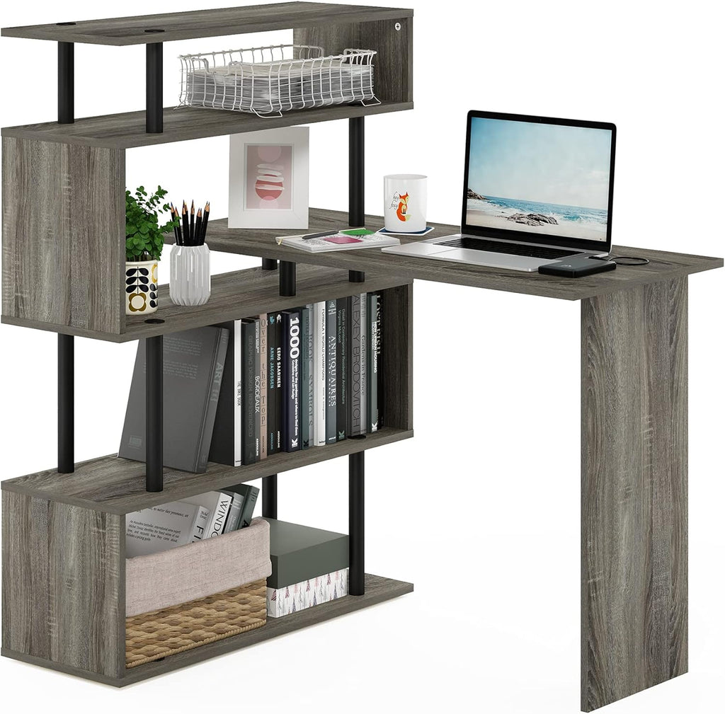 Furinno Classic L Shape Computer Desk, Gaming Desk, Office Desk with 5-Tier Shelves, 40' Wide, for Home Office, Study, Gaming, Grey Oak