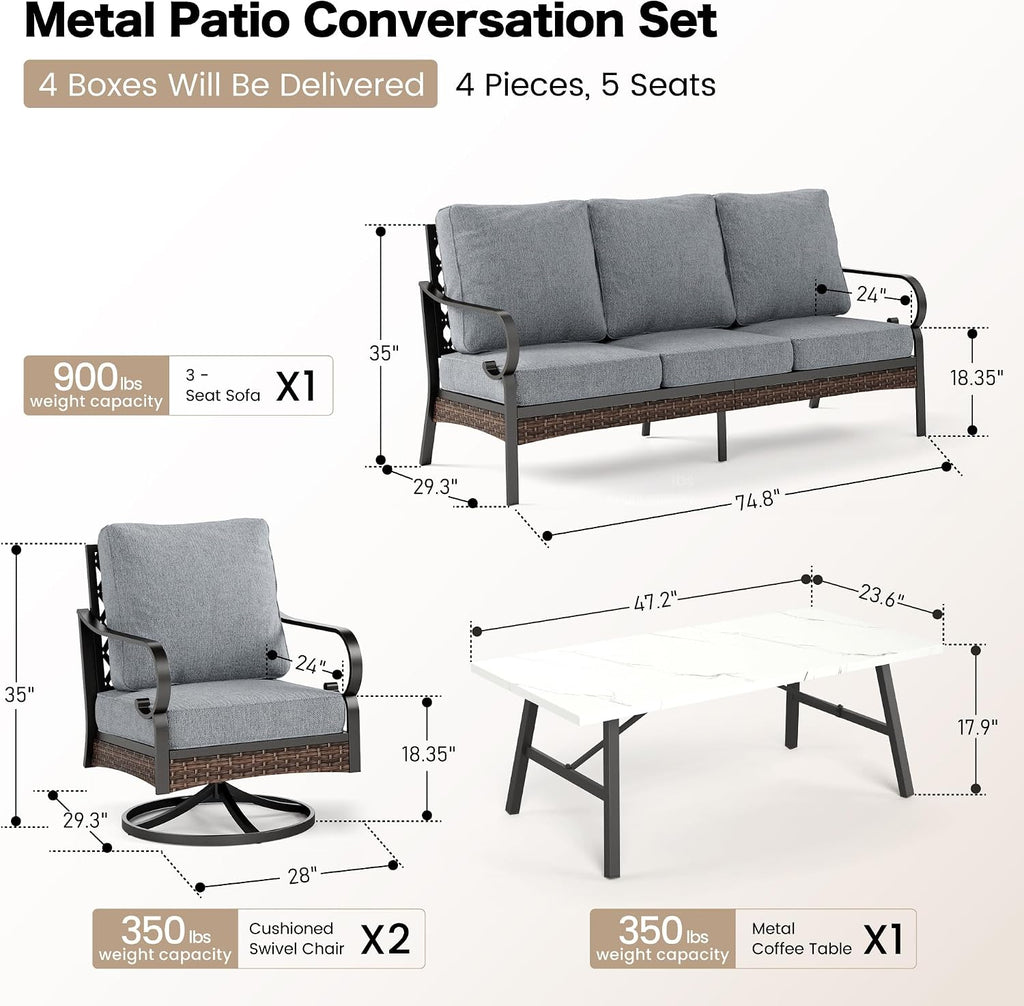 SUNSHINE VALLEY 4 PCS Metal Outdoor Patio Furniture Set, Patio Conversation Sets 1 3-Seater Sofa, 2 Swivel Chairs with 5.75' Extra Thick Cushion & Coffee Table, Black Frame Backyard Furniture, Gray