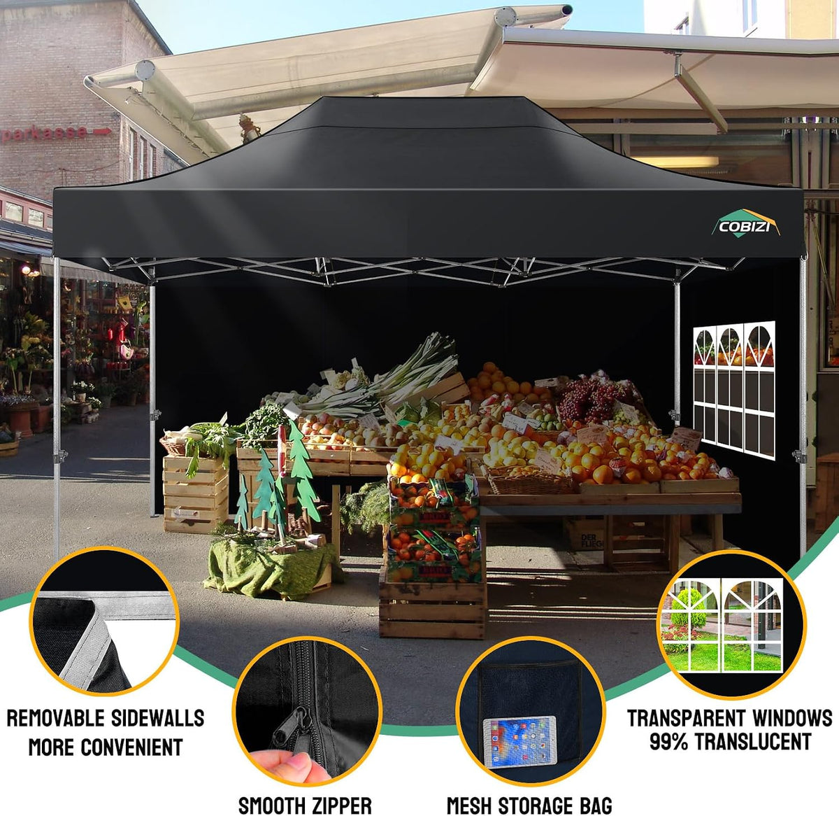 COBIZI 10x15 Heavy Duty Pop Up Canopy Tent with 4 Sidewalls Thicken Frame, Commercial Easy Up Outdoor Wedding Party Tents, All Season Waterproof Windproof with Stakes Sandbags Ropes Bag, Black