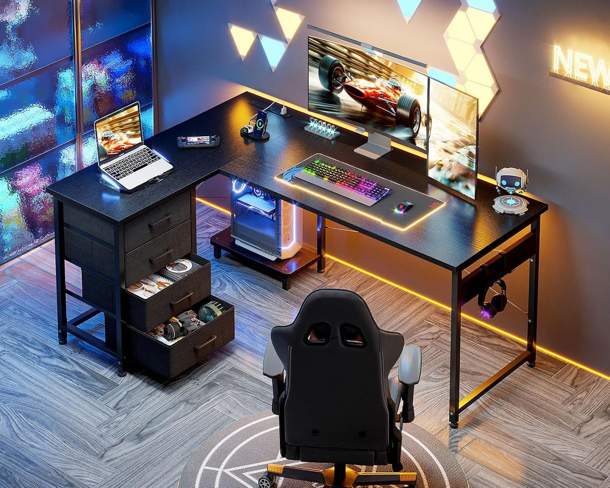 AODK L Shaped Gaming Desk with 4 Drawers, 53' Reversible Home Office Desks with Power Outlets, L Shaped Computer Desk with USB Charging Port and Host Stand, Corner Desk, Easy to Assemble, Black