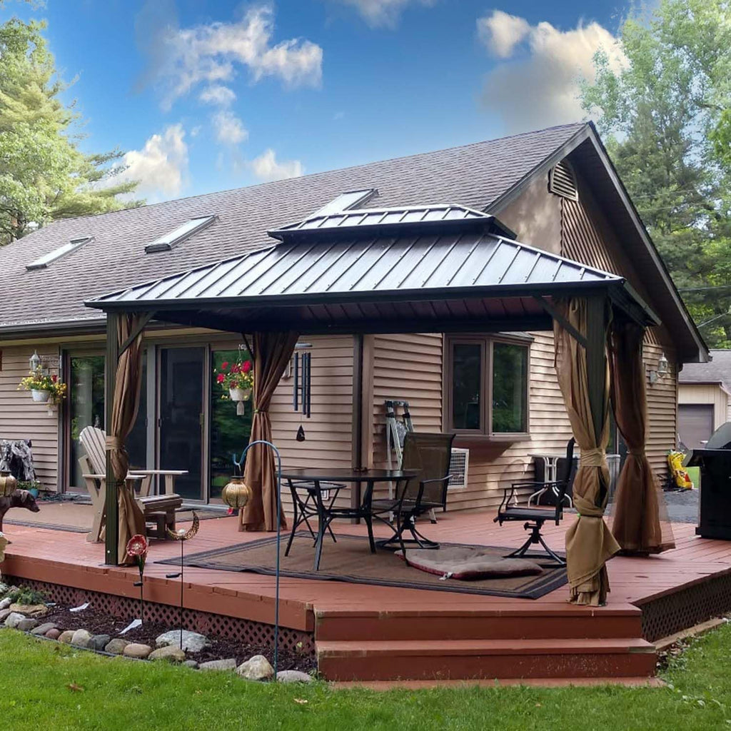 Domi 10' x 12' Hardtop Gazebo, Outdoor Metal Gazebo for Patios with Galvanized Steel Double Roof, Heavy Duty Curtains and Netting Included, Permanent Pergola for Backyard, Garden Lawn, Brown