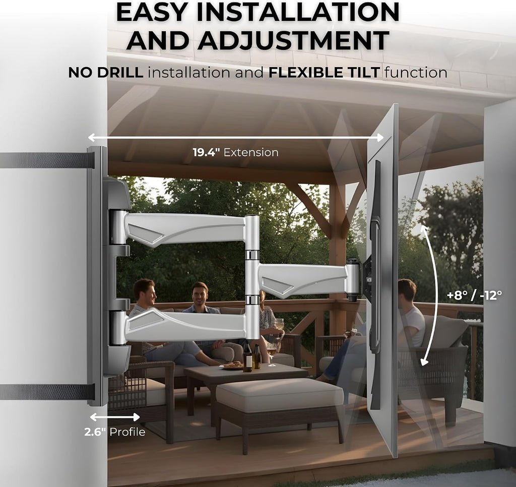 ZeboZap 37'–70' TVs | Outdoor Full Motion Dual Arm TV Mount Fits Pillars & Poles, Weatherproof No Drill Gazebo TV Mount, VESA 600x400, Holds 77 lbs