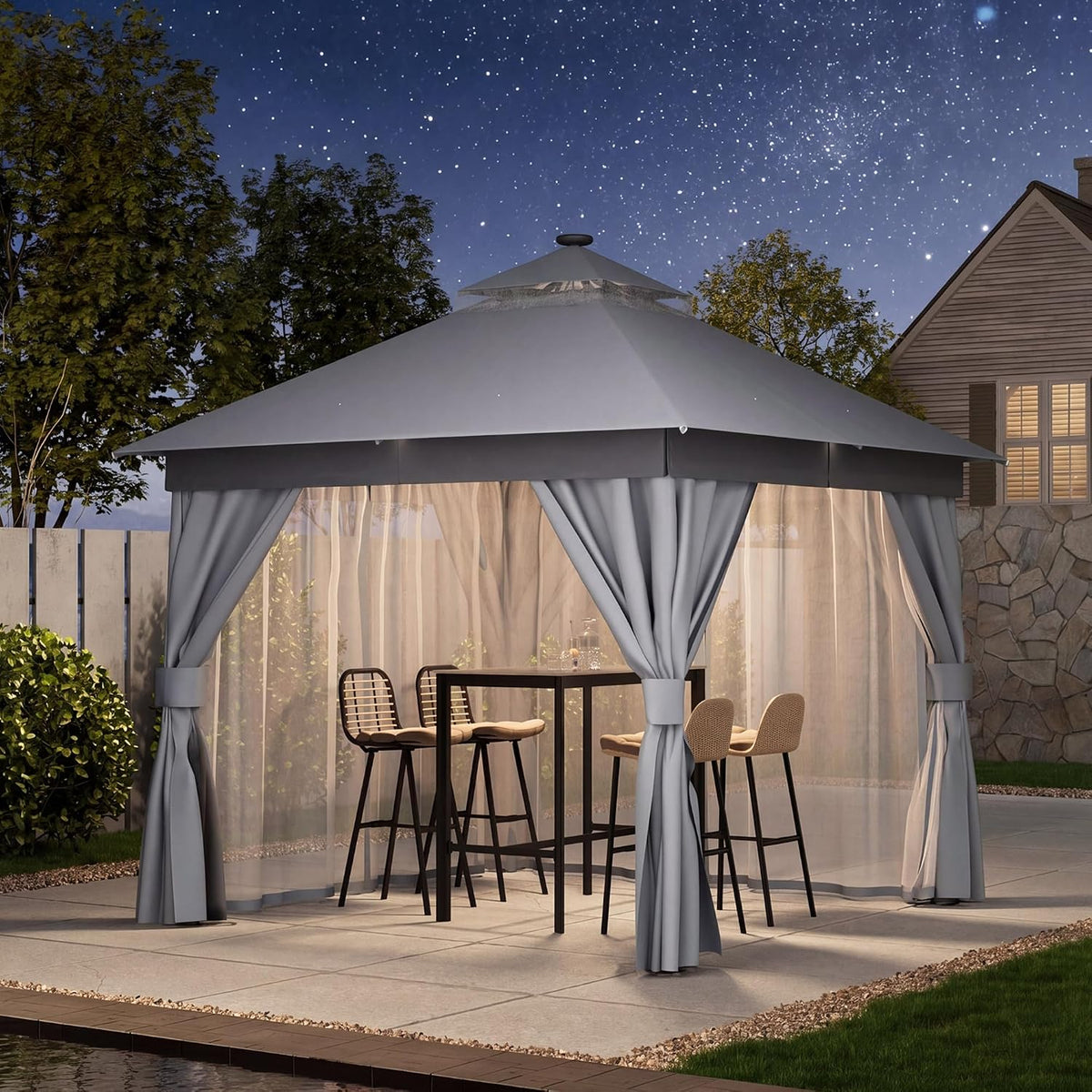 LAUSAINT HOME Patio Gazebo 10'x10' with Solar LED Roof Lights, Outdoor Heavy Duty Party Tent Shelter with Double Roofs, Mosquito Netting & Privacy Curtains for Backyard, Garden, Lawn, Gray