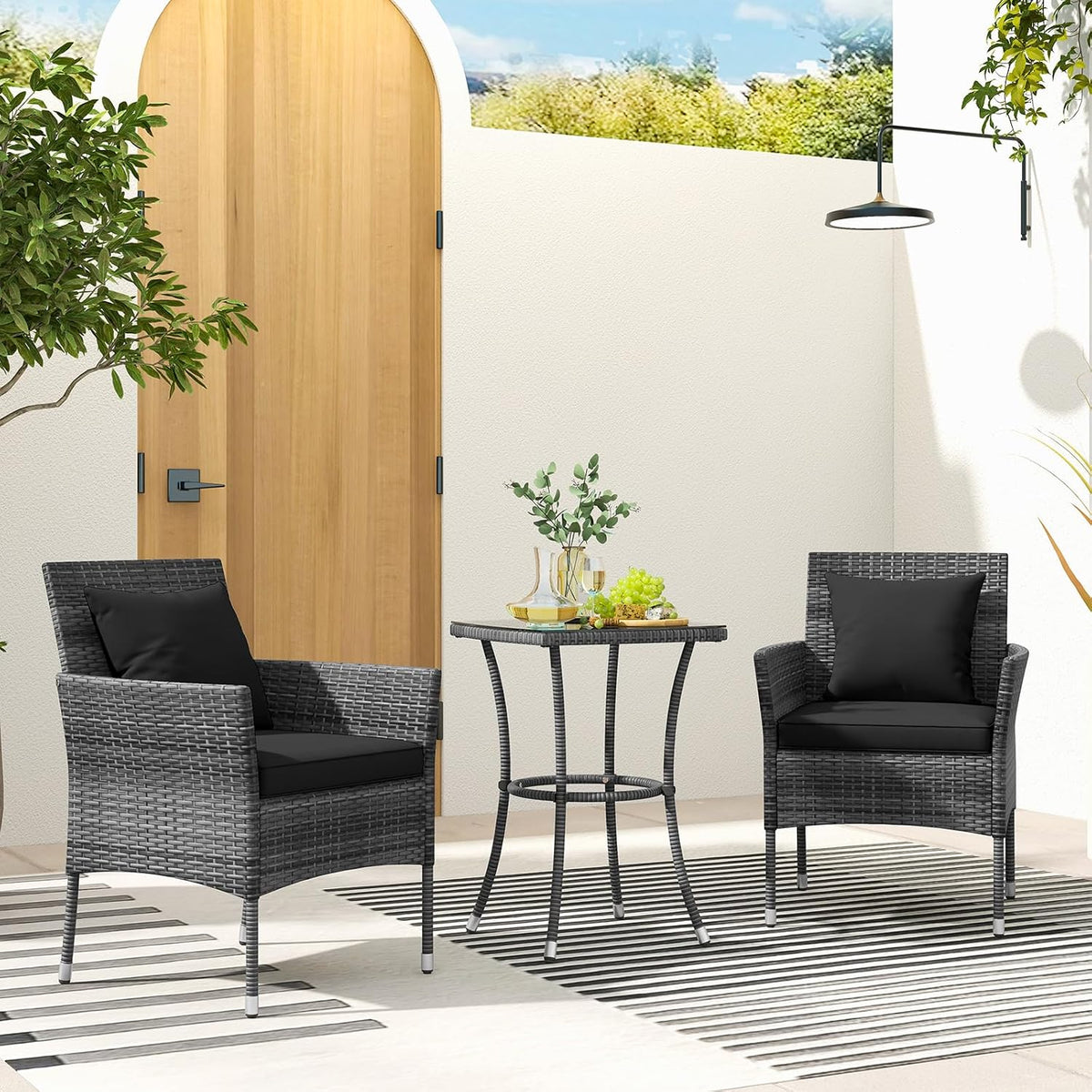 KOTEK 3 Pieces Patio Furniture Set, PE Rattan Outdoor Conversation Set with Tempered Glass Table & Soft Cushions, Wicker Bistro Set for Garden, Porch, Balcony (Black)