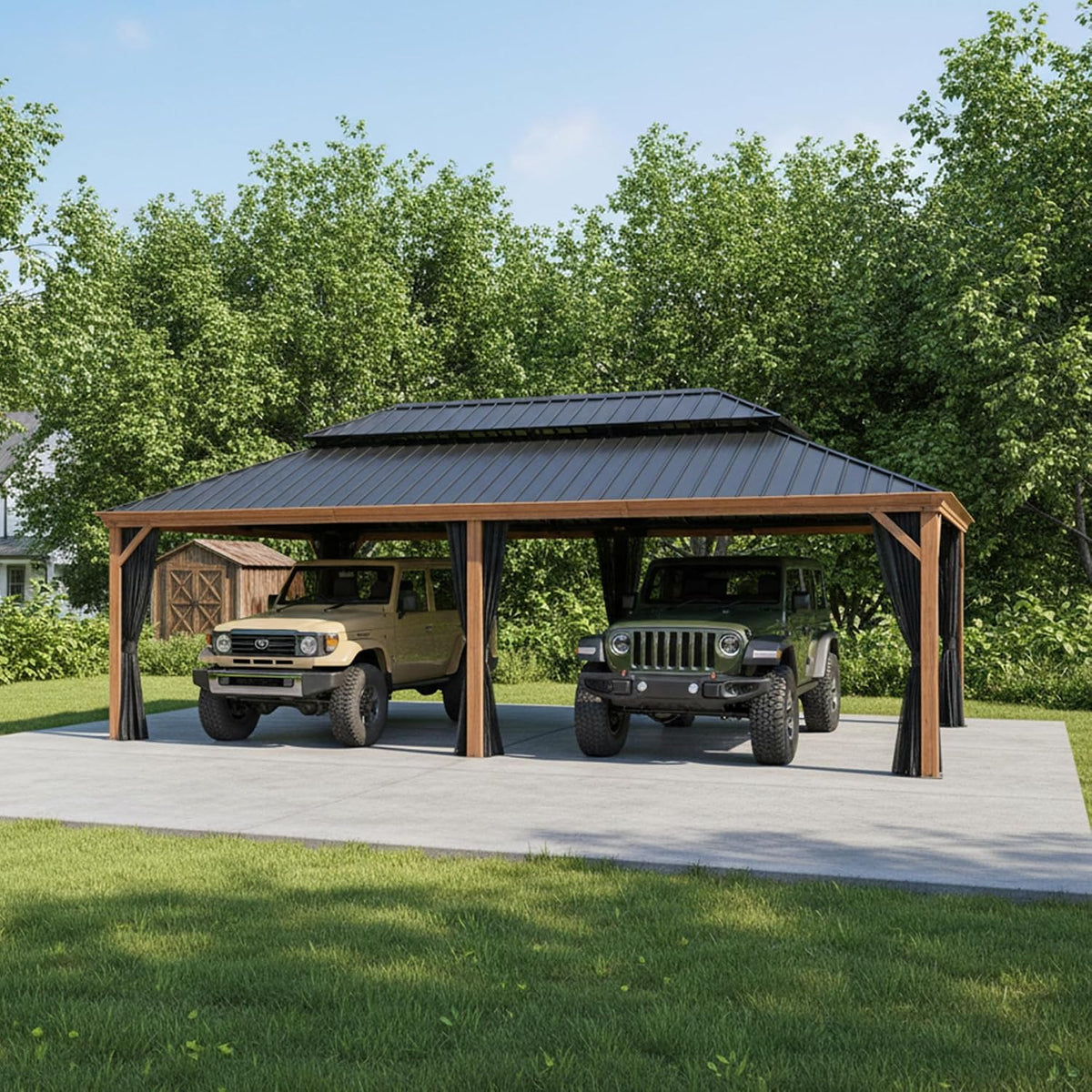 PURPLE LEAF 14' X 28' Outdoor Hardtop Gazebo for Patio Galvanized Steel Double Roof Permanent Canopy Teak Finish Coated Aluminum Frame Pavilion Gazebo with Netting