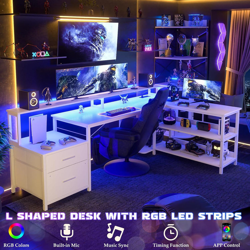 Aheaplus L Shaped Desk with File Drawer, 72.8' Reversible L Shaped Computer Desk with Power Outlet & LED Strip, Gaming Desk with Long Monitor Stand, Office Desk Corner Desk with Storage Shelf, White