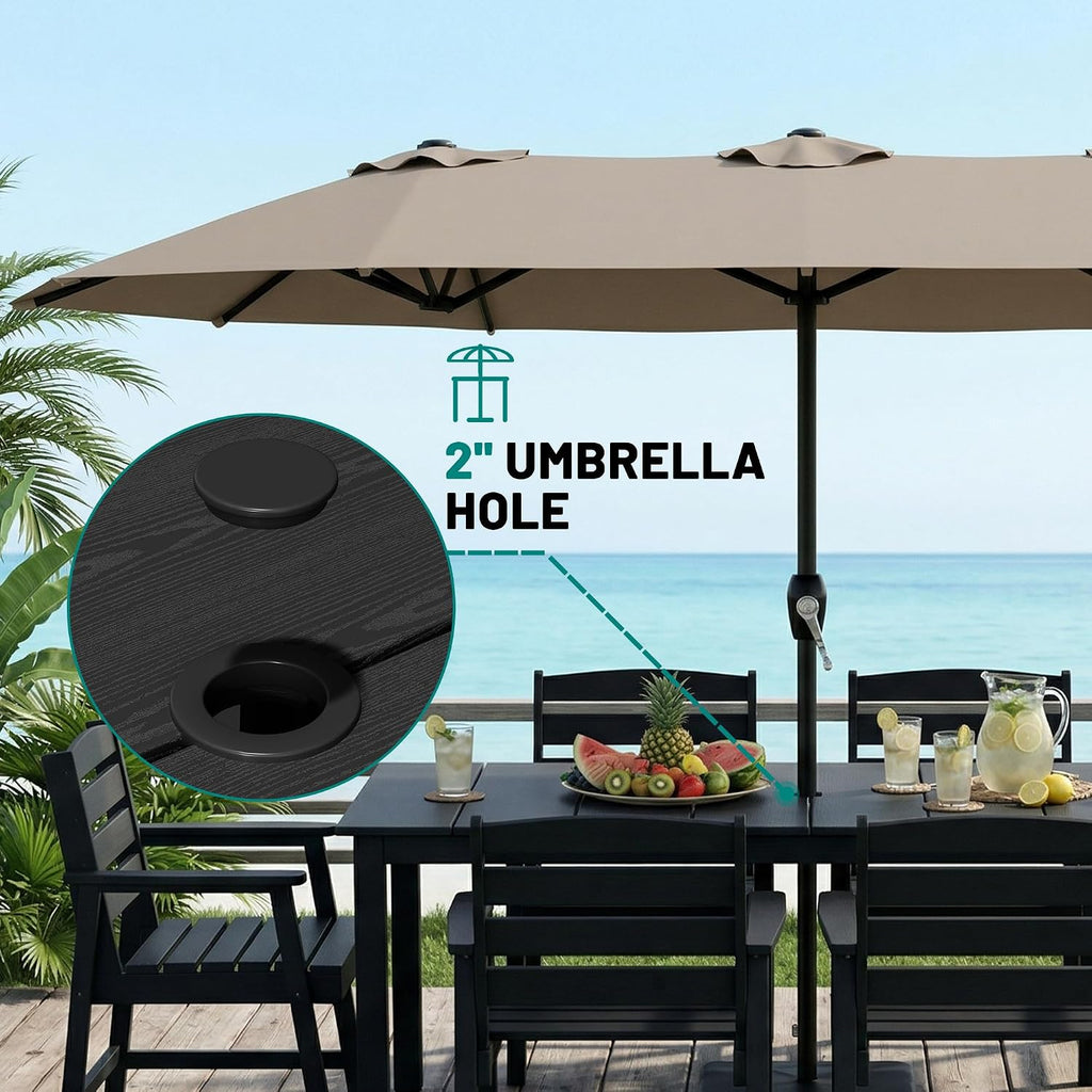 PLUUV Outdoor Dining Table with Aluminum Legs, All-Weather HDPE Rectangular Outdoor Dining Tables with 2' Umbrella Hole, Heavy-Duty Weatherproof Patio Dining Table for Backyard Deck, Black