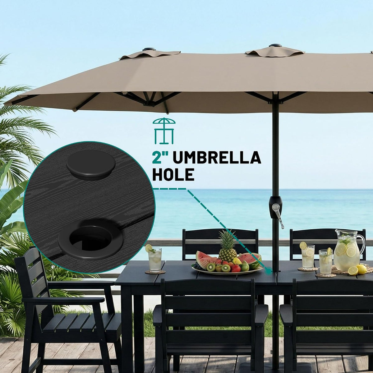 PLUUV Outdoor Dining Table with Aluminum Legs, All-Weather HDPE Rectangular Outdoor Dining Tables with 2' Umbrella Hole, Heavy-Duty Weatherproof Patio Dining Table for Backyard Deck, Black