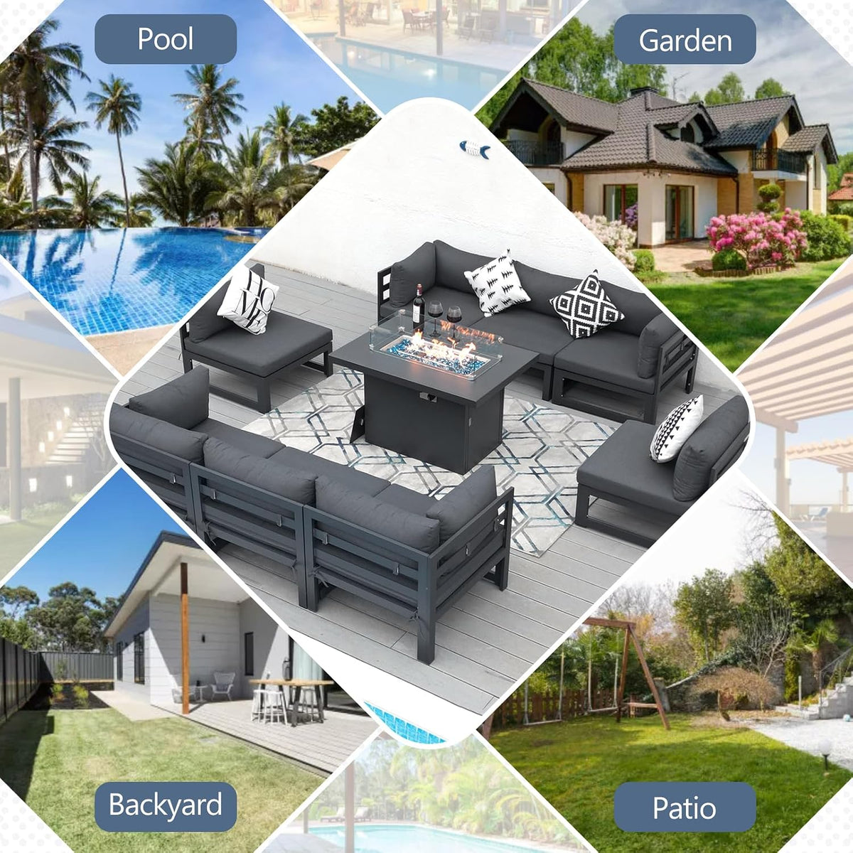 RADIATA 9 Pcs Modern Aluminum Outdoor Patio Furniture Set with Fire Pit Table Propane/Gas, Extra Large All-Weather Modular Sectional Couch, 29' Wide Deep Seating Conversation Sofa for Deck, Dark Grey