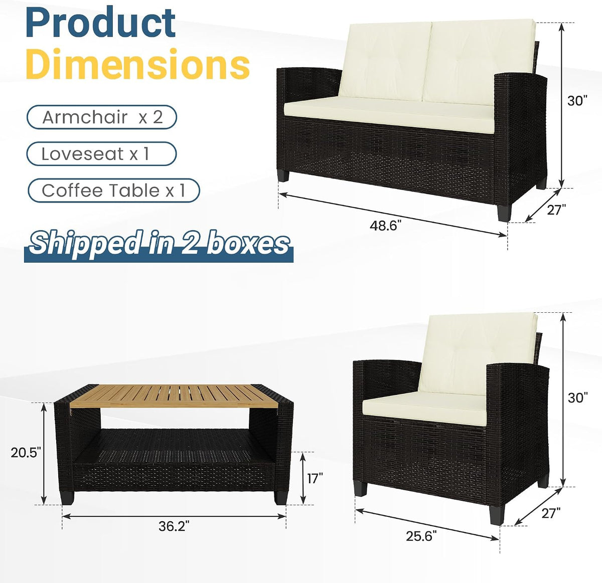 Green4ever Patio Conversation Sets, Wicker Outdoor Patio Furniture Set, 4 Pieces All Weather Rattan Patio Sofa with Wood Coffee Table and Thick Cushions, Beige