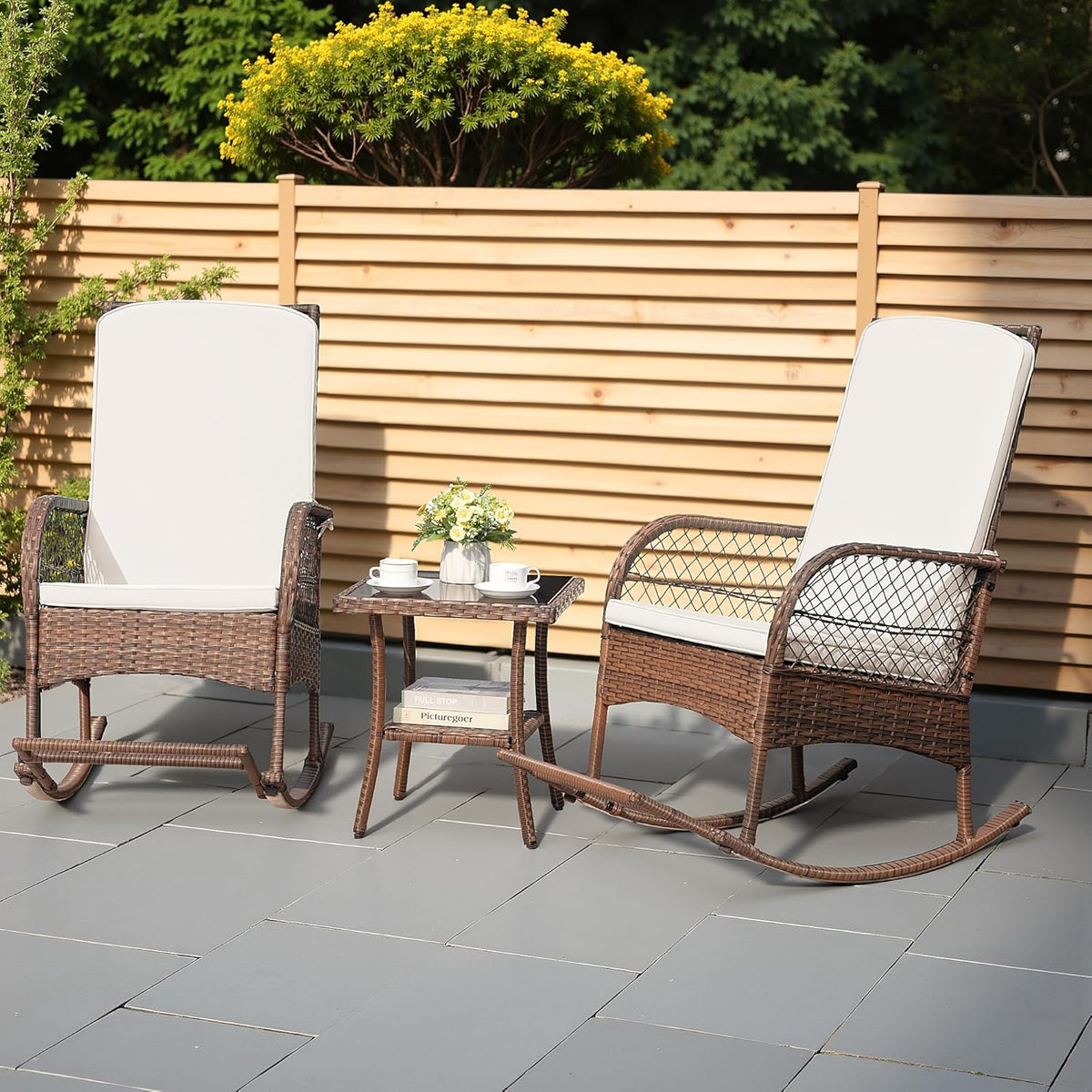 Greesum 3 Piece Outdoor Wicker Rocking Chairs Patio Furniture Set with Glass Coffee Table for Garden Backyard Porch Poolside, Beige
