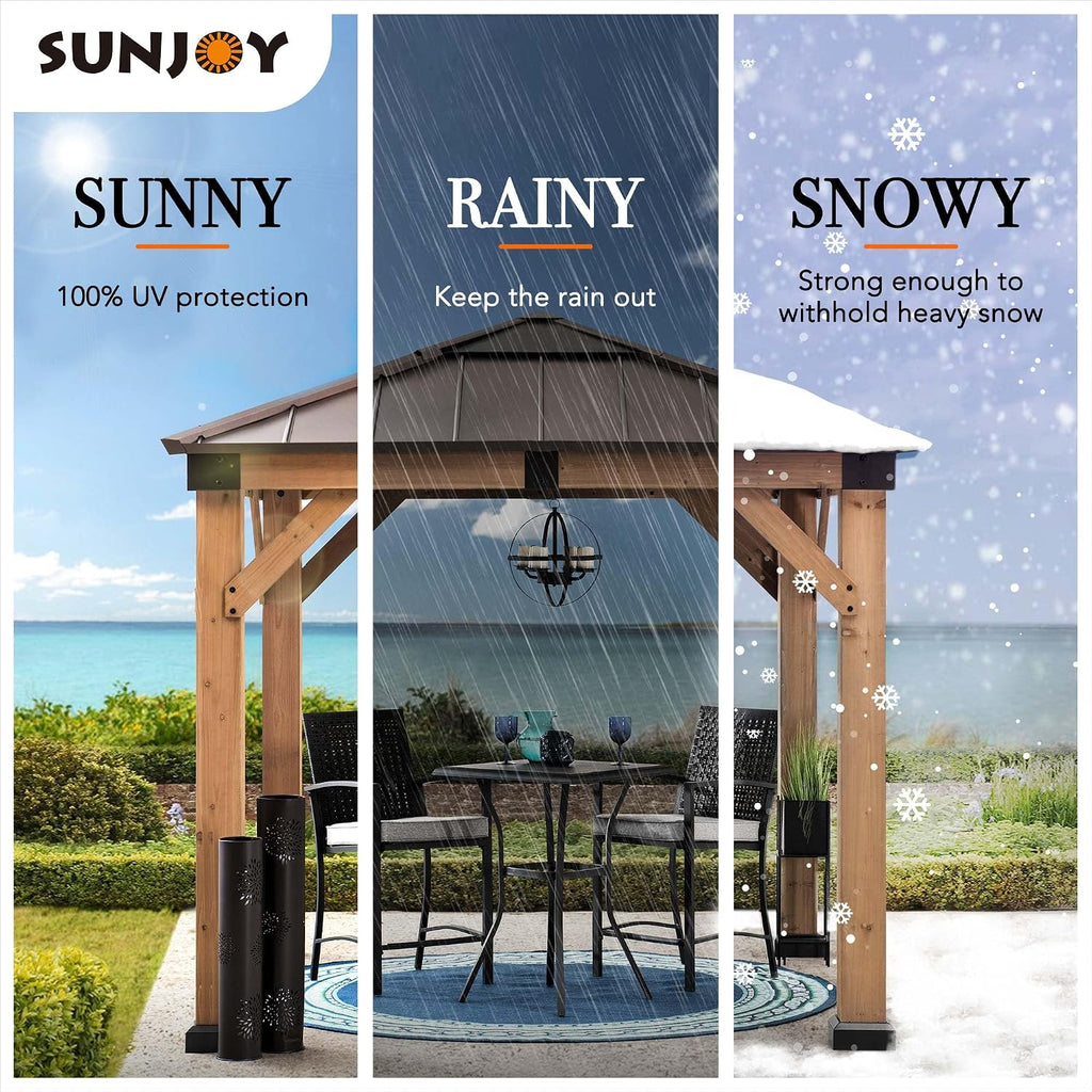 Sunjoy Hardtop Gazebo 9 x 9 ft. Upgrade Cedar Framed Wood Gazebo with Brown Steel & Polycarbonate Hip Roof Hardtop for Garden, Backyard Shade, Brown Roof + Natural Wood Frame