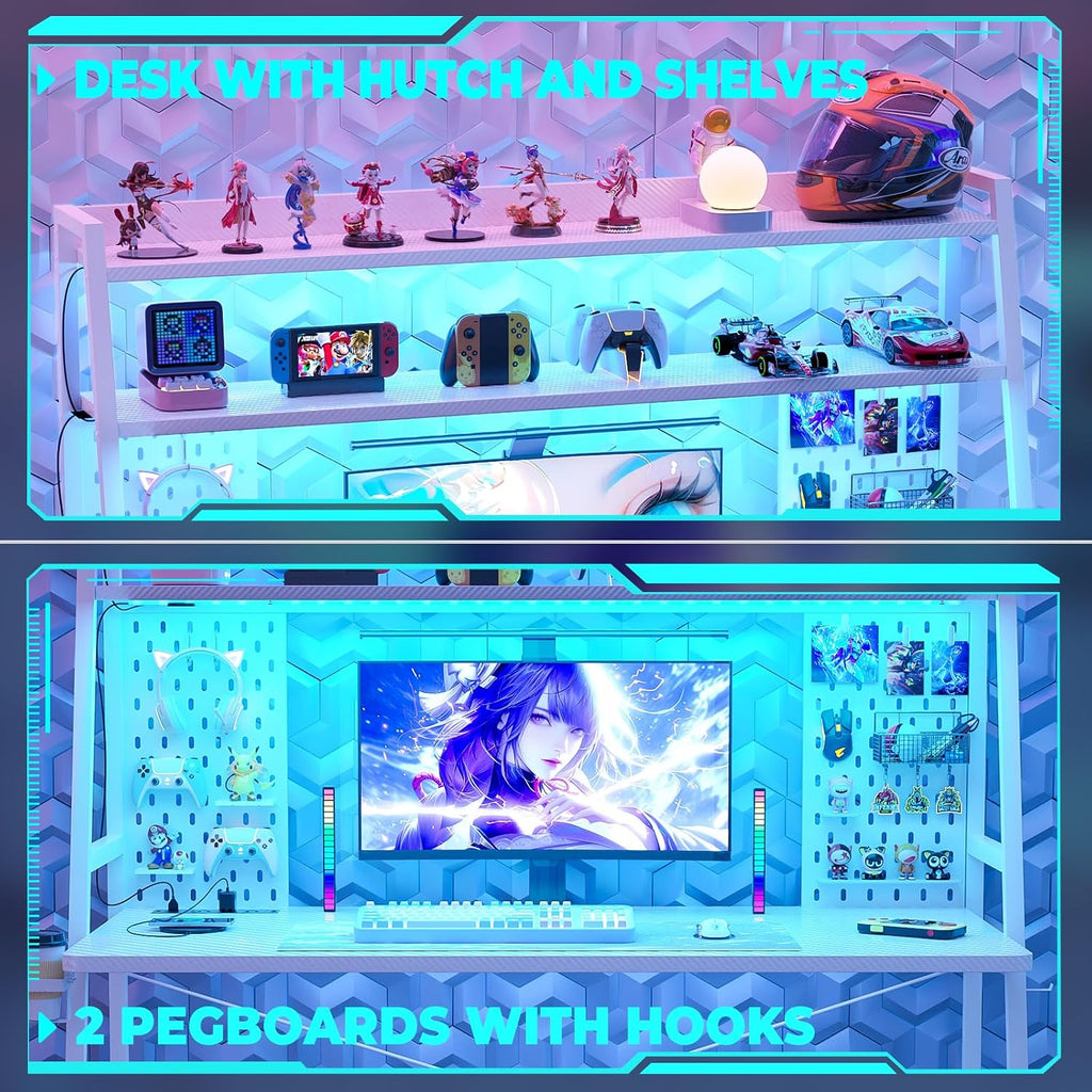 Besiost Gaming Desk with Hutch and LED Lights, Gaming Computer Desk with Power Outlets, Gamer Desk with Storage Shelves, PC Game Desk with Pegboards for Bedroom, Carbon Fiber White, 49'