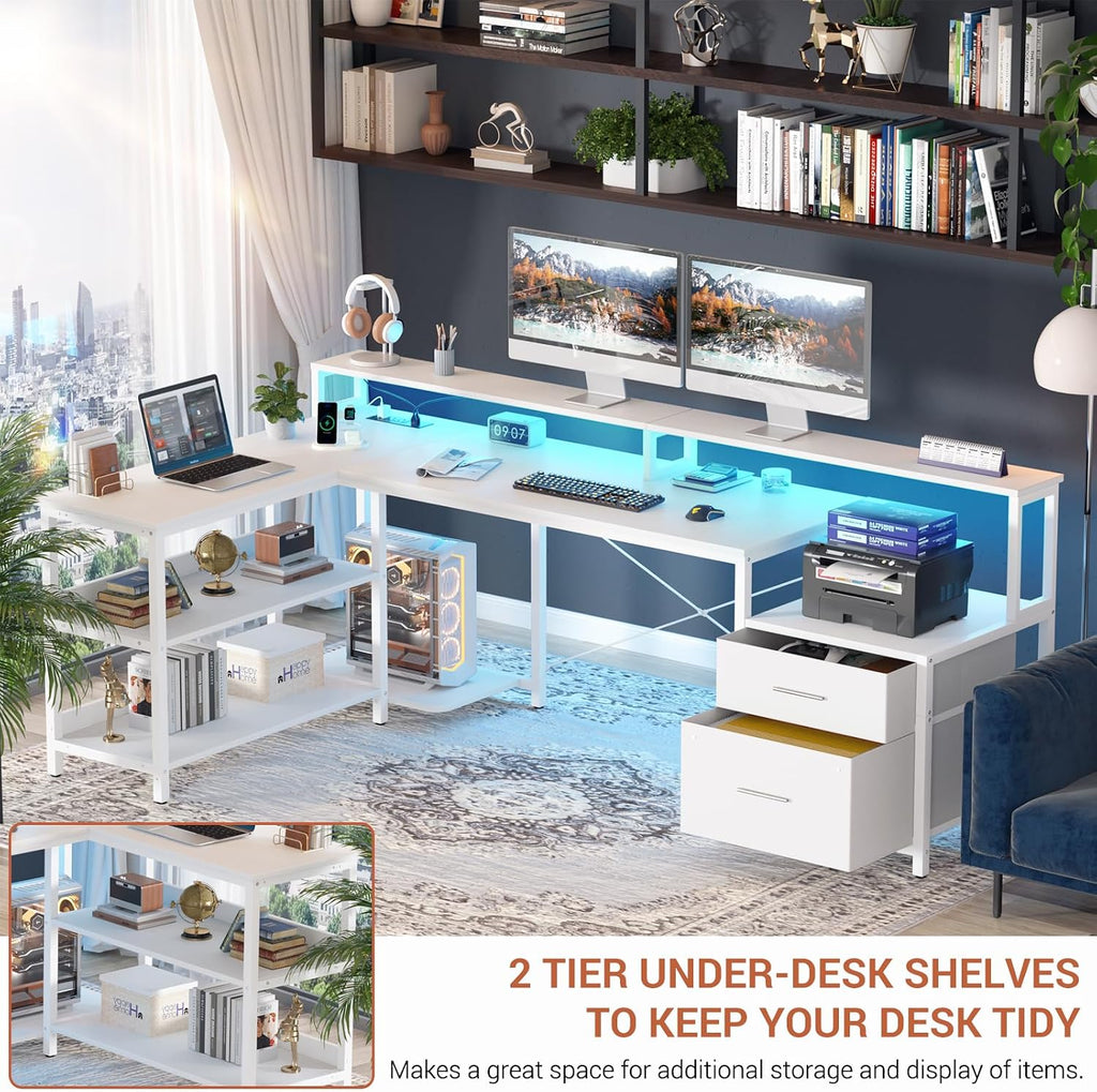 Aheaplus L Shaped Desk with File Drawer, 66' Reversible L Shaped Computer Desk with Power Outlet & LED Strip, Gaming Desk with Long Monitor Stand, Office Desk Corner Desk with Storage Shelf, White