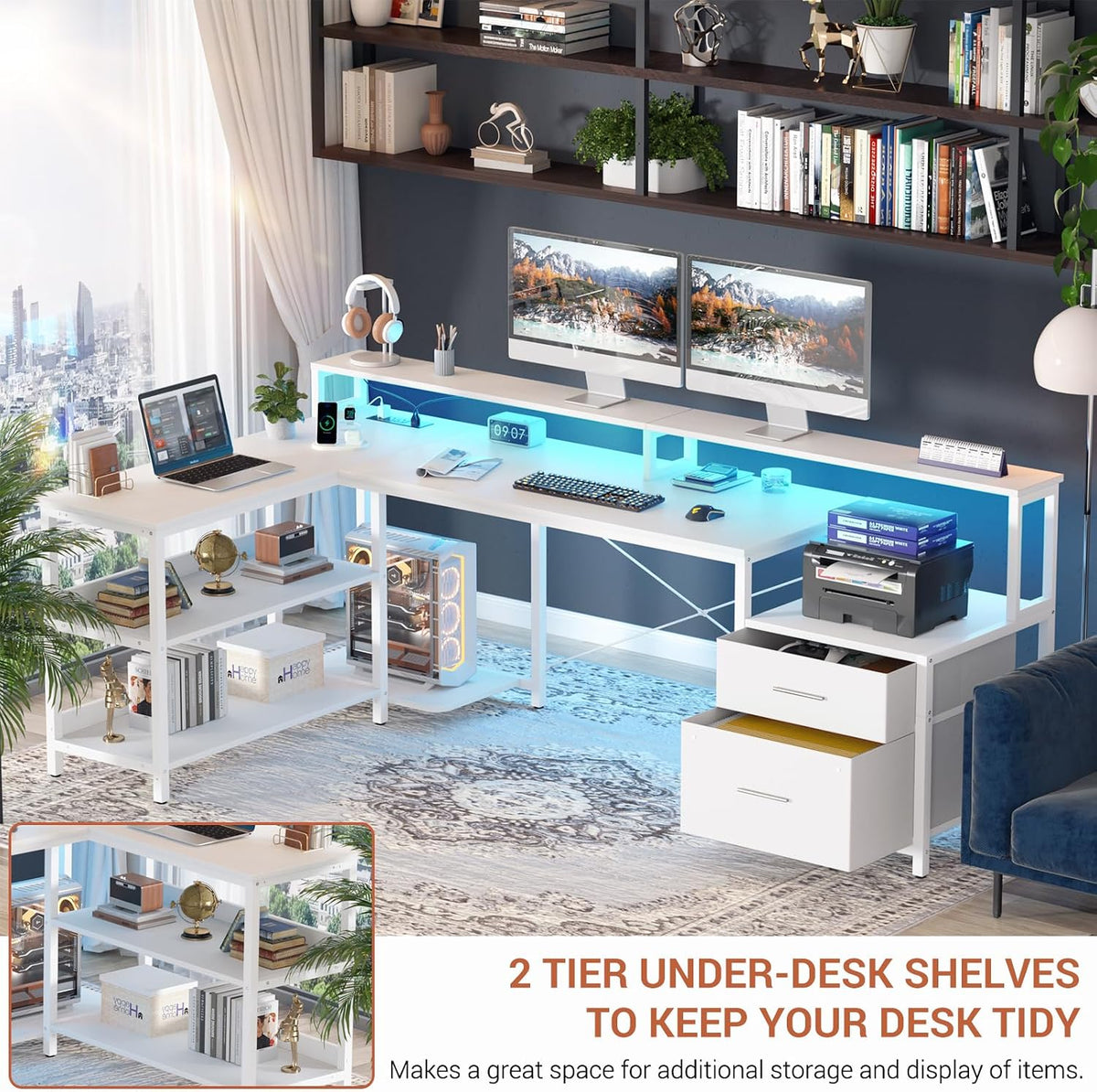 Aheaplus L Shaped Desk with File Drawer, 66' Reversible L Shaped Computer Desk with Power Outlet & LED Strip, Gaming Desk with Long Monitor Stand, Office Desk Corner Desk with Storage Shelf, White