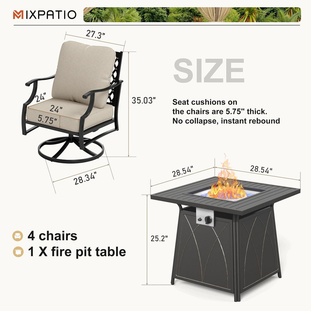 MIXPATIO Patio Furniture Set with Fire Pit Table, 5 Pcs Metal Outdoor Conversation Set, 4 Swivel Chairs with 5.75' Extra Thick Cushion and 28' Fire Pit Table for Backyard Deck, Beige