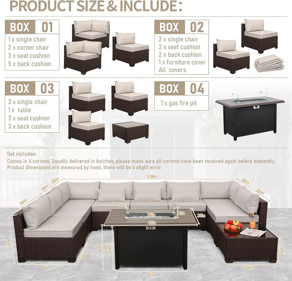 Lviden 10 Pieces Wicker Patio Furniture Set Outdoor PE Rattan Sectional Conversation Sofa Set with Non-Slip Cushions and 45' Fire Pit Table, Beige