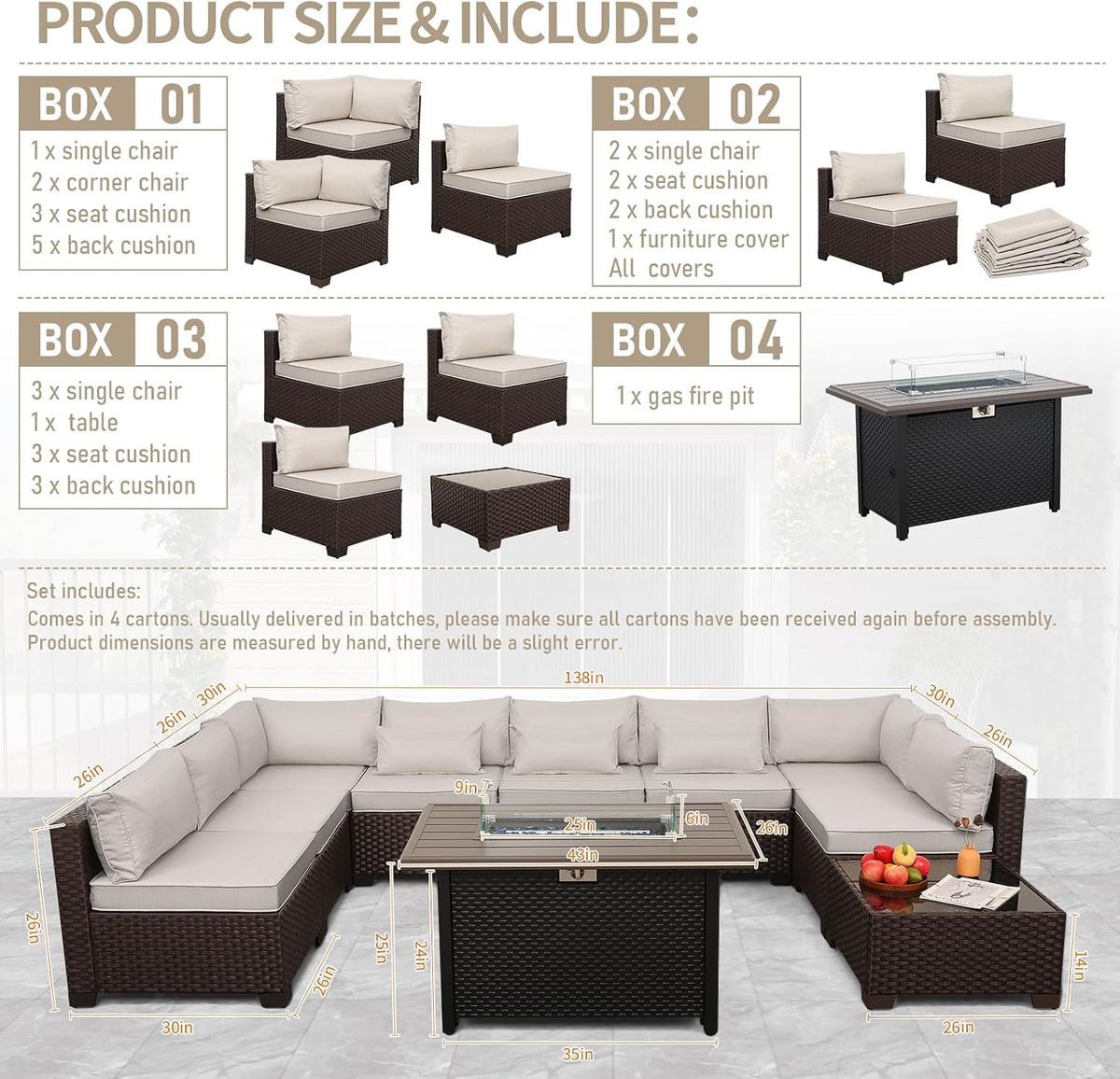 Lviden 10 Pieces Wicker Patio Furniture Set Outdoor PE Rattan Sectional Conversation Sofa Set with Non-Slip Cushions and 45' Fire Pit Table, Beige
