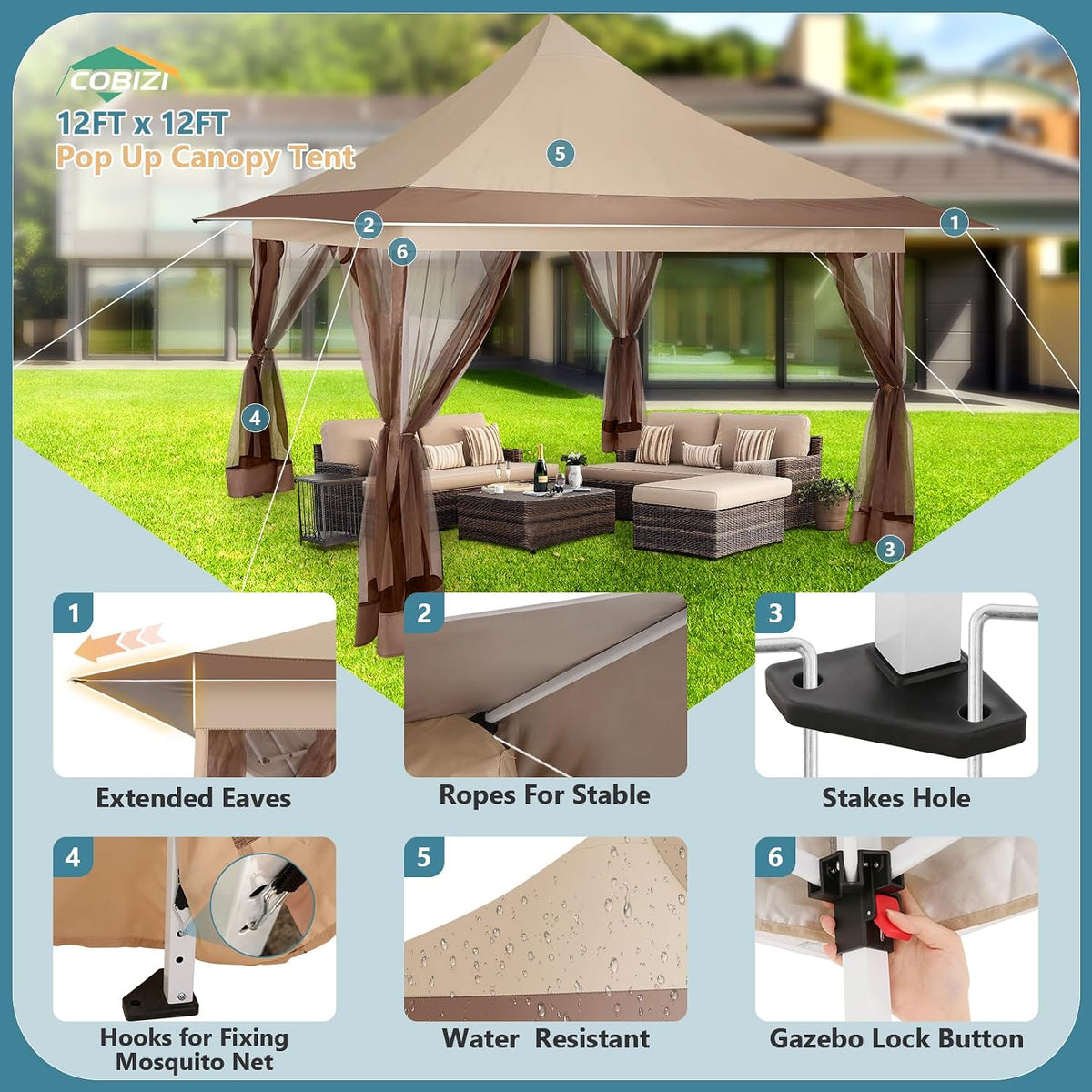 COBIZI 12x12 Pop Up Gazebo On Clearance Canopy Tent Easy Up Outdoor Gazebo Waterproof Upgrade with Mosquito Nettings and Carry Bag for Patio Garden Lawn（Khaki）