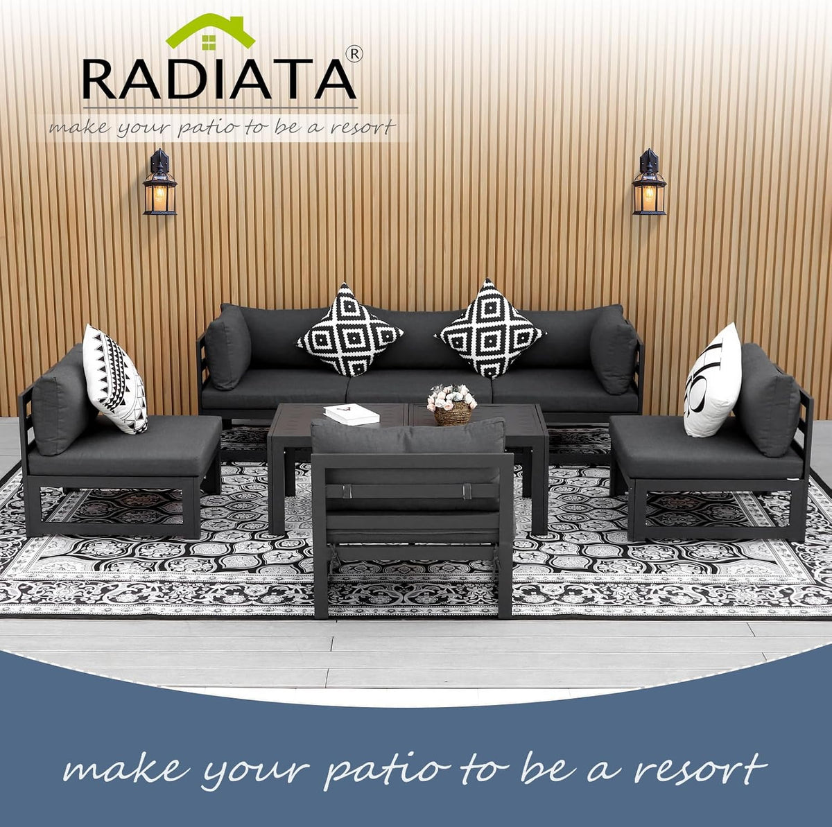 RADIATA 8 Pcs L Shaped Contemporary Aluminum Outdoor Furniture Set, 29' Deep Wide Couch Set for 500 lbs High Weight Capacity, Large Modular Patio Sectional Sofa with Coffee Table for Garden, Dark Grey