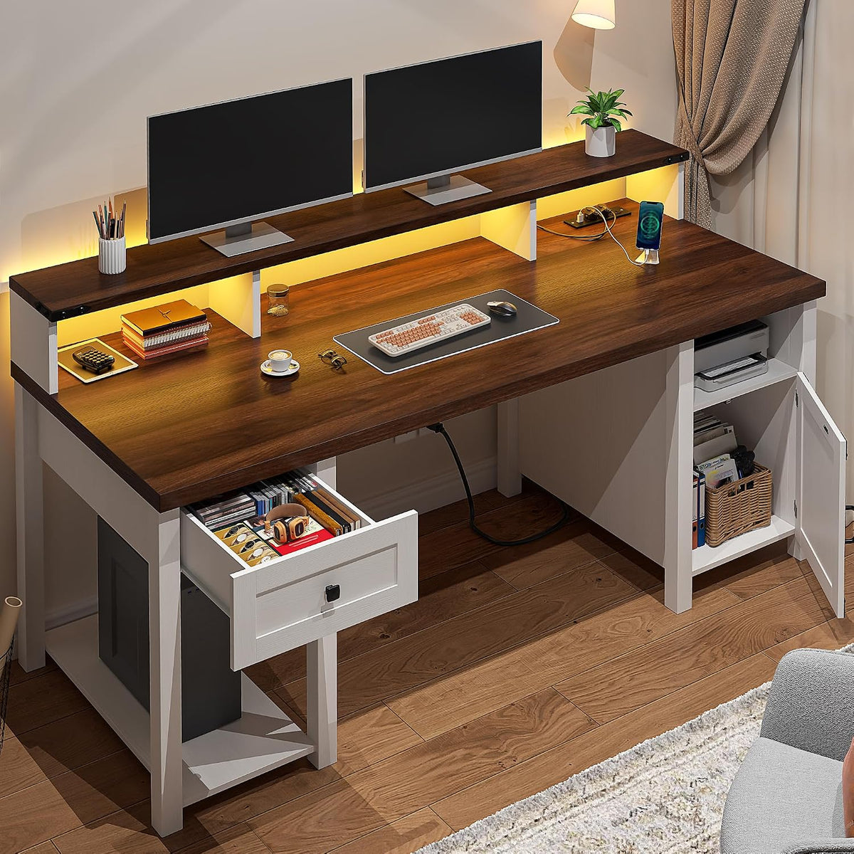 EnHomee Computer Desk with Drawers,23' D Home Office Desk with Storage,Wooden Desk with Monitor Stand,Farmhouse Desk with Printer Space and Power Outlets for Studio,Work, Study,Writing&Gaming,White