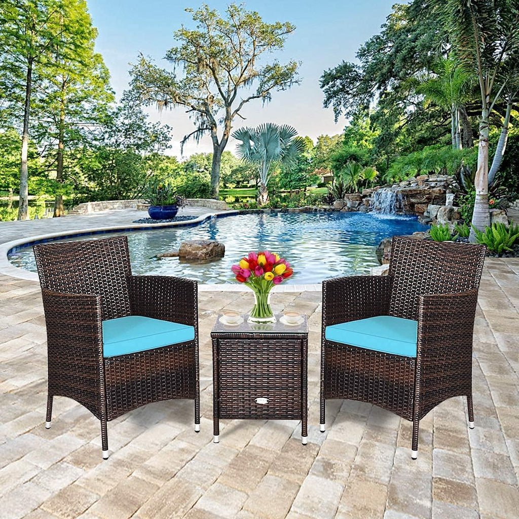 HAPPYGRILL 3-Pieces Patio Furniture Set Outdoor Rattan Wicker Conversation Set with Coffee Table Chairs & Cushions for Patio Garden Lawn Backyard Poolside