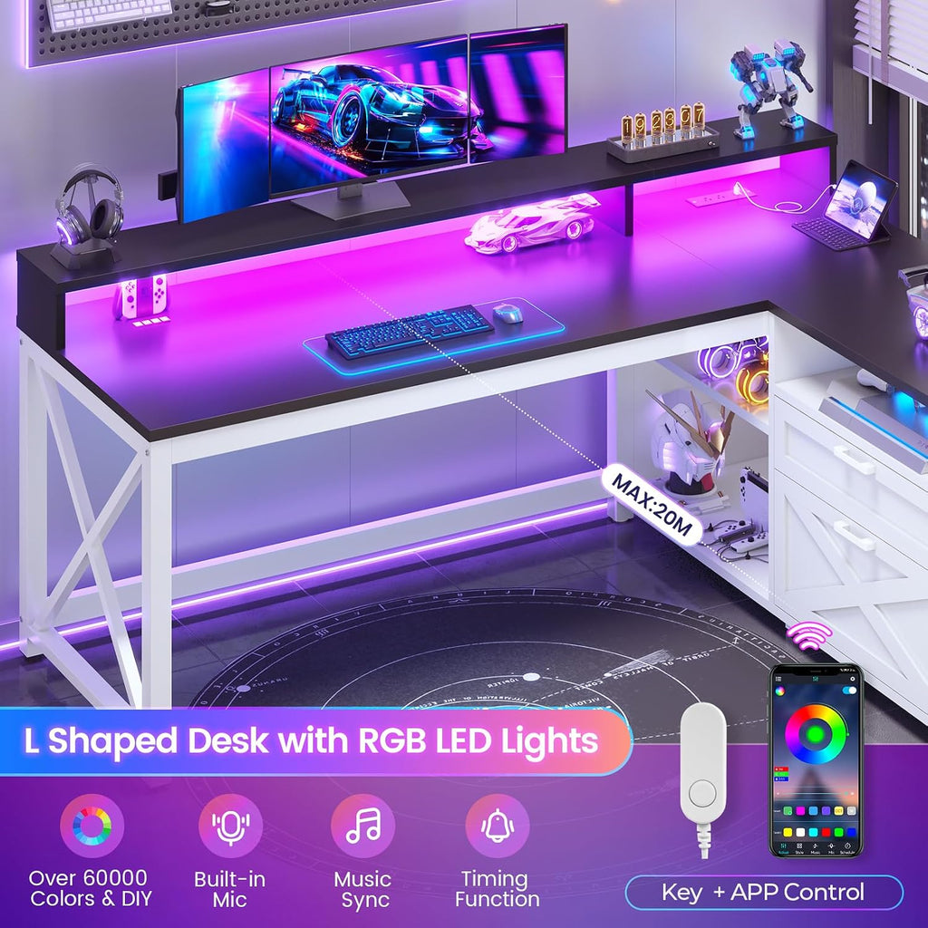 SEDETA Corner Computer Desk, 55' L Shaped Gaming Desk with Storage Drawers and Power Outlet, Farmhouse Corner Gaming Desk with Storage Shelves and LED Lights for Home Office, Black