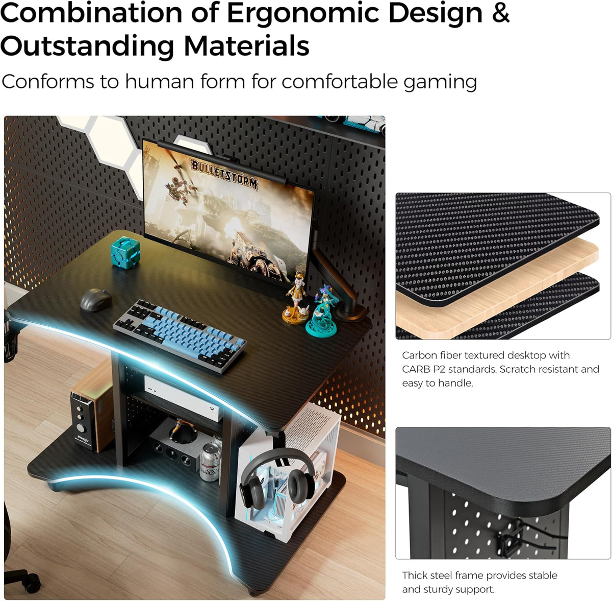 EUREKA ERGONOMIC Gaming Desk Computer, 37' Rolling Desk on Wheels for Small Space, Mobile Computer Cart with Pegboards Adjustable Shelves for Gaming PS Switch Home Office - Black
