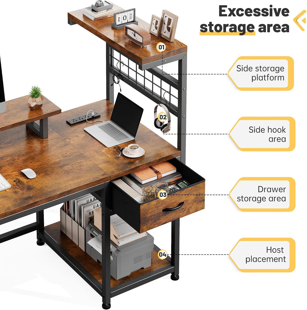 EnHomee 48' Computer Desk with Power Outlets & LED Lights, Gaming Desk with Drawer & Storage Shelves, Reversible Home Office Desk with Monitor Stand, for Living, Study Room, Gaming Room, Rustic Brown