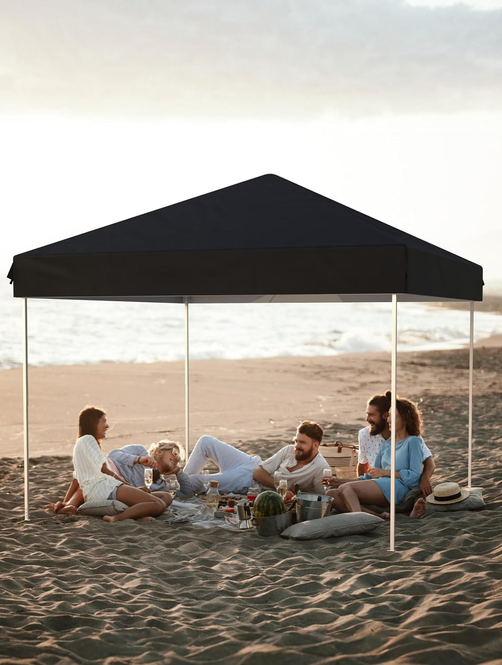 10x10 Pop Up Canopy with 3 Sidewalls - Outdoor Canopy Tent with Portable Roller Bag - One Button Push Setup, 3 Adjustable Height, 4 Weight Bags, 8 Stakes & 4 Guy Ropes Included, Black