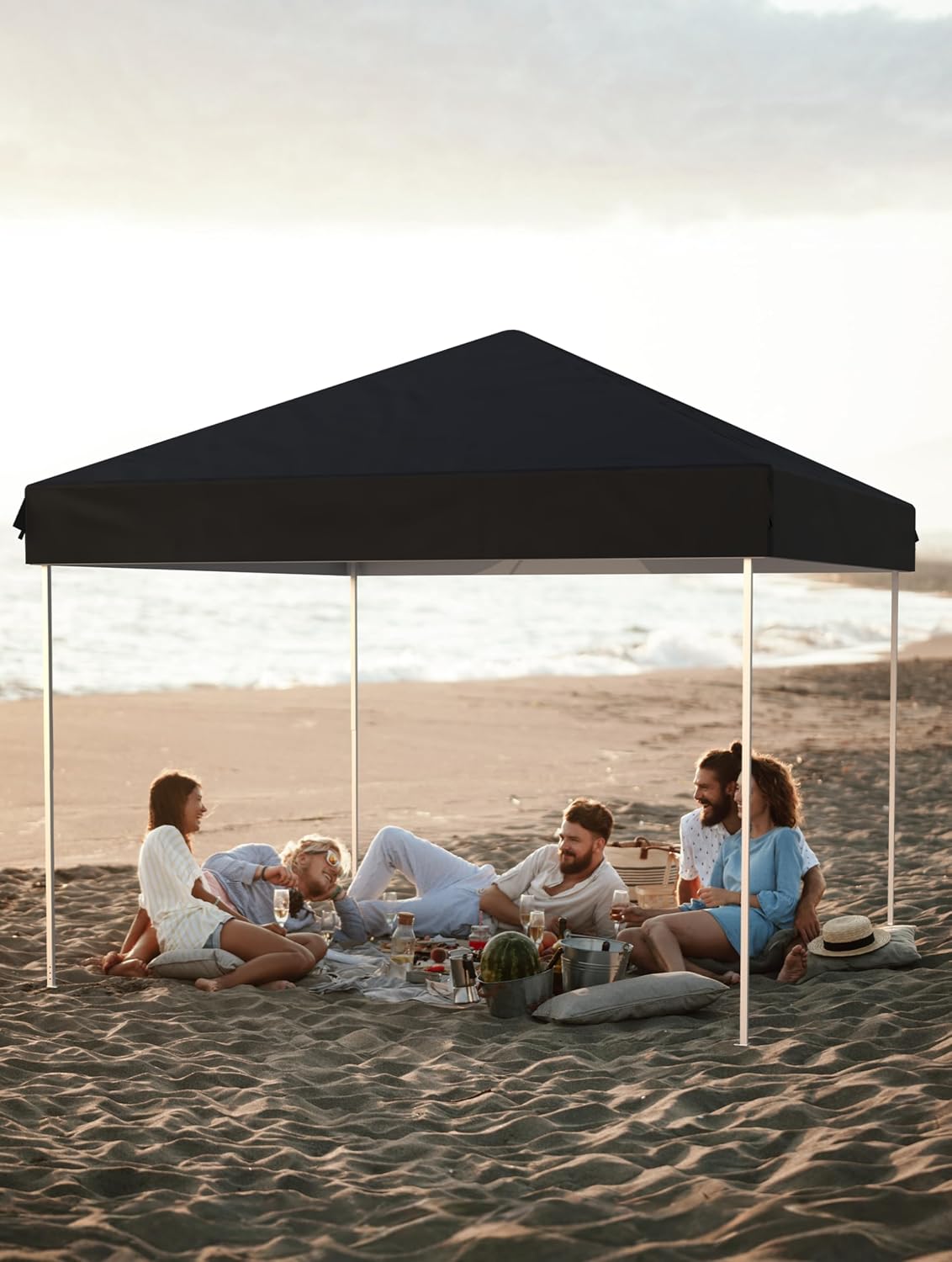 10x10 Pop Up Canopy with 3 Sidewalls - Outdoor Canopy Tent with Portable Roller Bag - One Button Push Setup, 3 Adjustable Height, 4 Weight Bags, 8 Stakes & 4 Guy Ropes Included, Black
