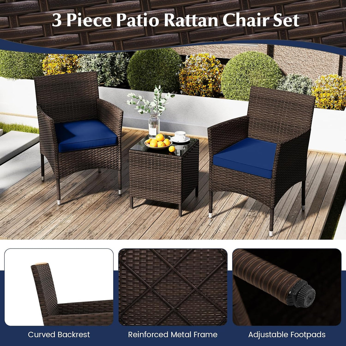 KOTEK 3 Piece Patio Furniture Set, Outdoor Wicker Patio Chairs with Soft Cushions & Tempered Glass Top Table, PE Rattan Bistro Set for Porch, Garden, Balcony (Navy)