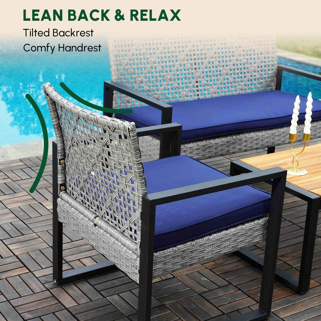 BEEFURNI Wicker Patio Furniture Outdoor Conversation Set of 4, Rattan Outdoor Furniture Set, Acacia Wood Table, 2 Chairs, 1 Loveseat, 2' Cushions, All Weather Set for Patio, Porch, Balcony (Gray)