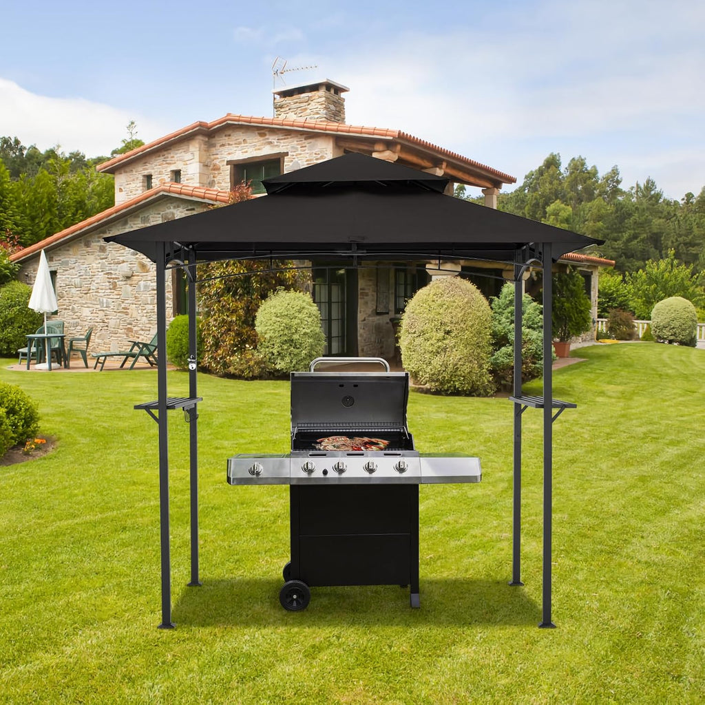 AECOJOY 8' x 5' Outdoor Grill Gazebo, BBQ Canopy for Outdoor Grill, 2- Tier BBQ Grill Gazebo Shelter for Patio, Backyard and More (Black)