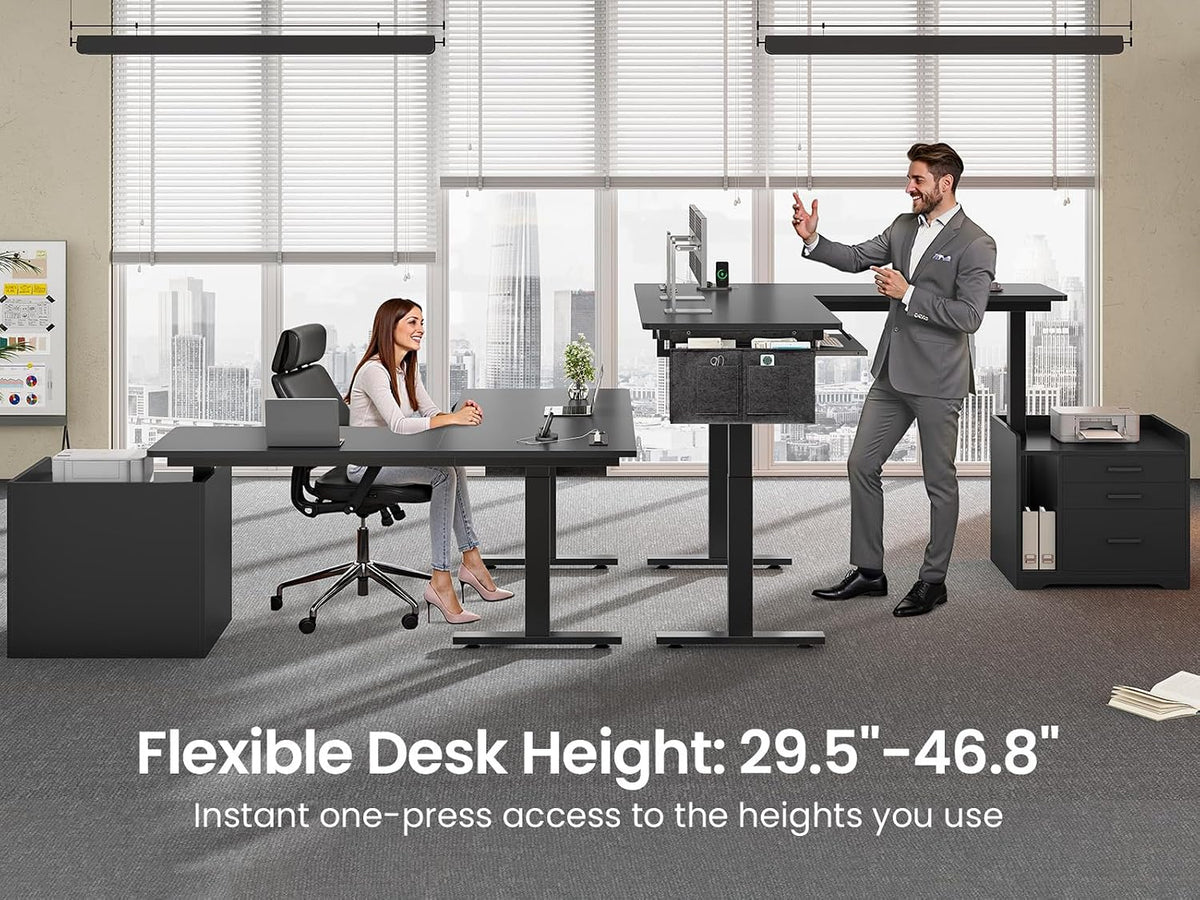 SEDETA L Shaped Electric Standing Desk with File Cabinet, 63 x 53'' Height Adjustable Home Office Computer Desk with Drawers, Power Outlet, Stand up Gaming Table with Led Lights, Keyboard Tray, Black