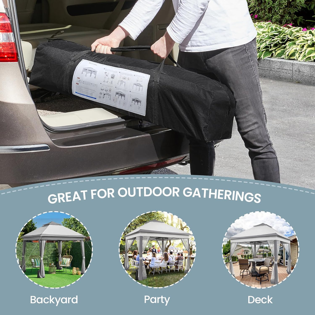 Yaheetech 11x11 Pop Up Gazebo Outdoor Canopy Shelter, Instant Patio Gazebo Sun Shade Canopy Tent with 4 Sandbags, 2 Tiers Roof & Mesh Netting for Lawn, Garden, Backyard & Deck, Gray