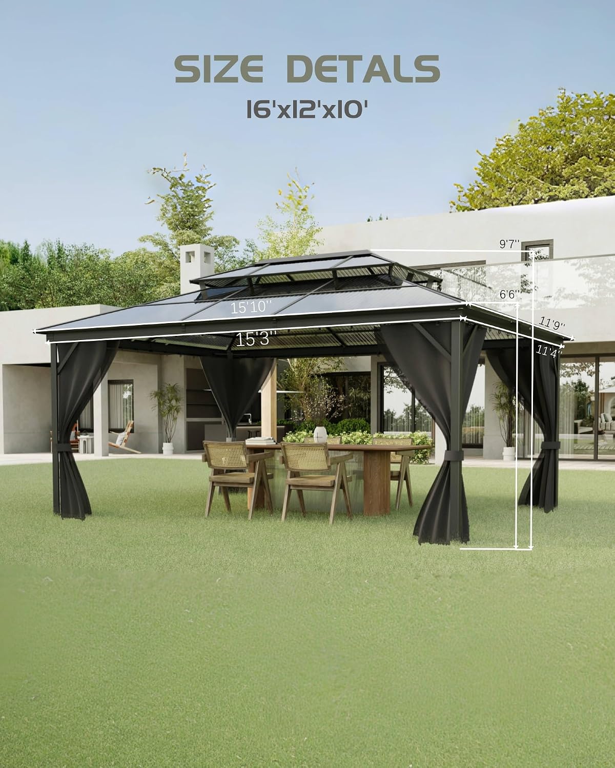 GarveeLife 12 ft x16 ft Hardtop Gazebo for All Weather, Double Polycarbonate Sheets Roof, Aluminum Alloy Frame, Net, and Curtain, Permanent Building for Patio, Deck, Backyard, Lawn, and Garden