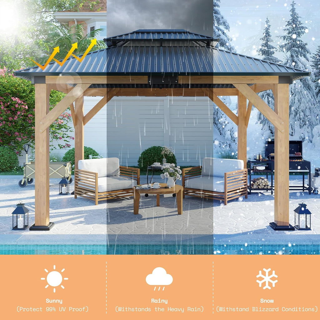 AMERLIFE 10x12 Spruce Wood Gazebo, Hardtop Gazebo with Aluminum Double Roof, Outdoor Pergola with Wood Frame for Parties, Backyard, Lawns, Patio