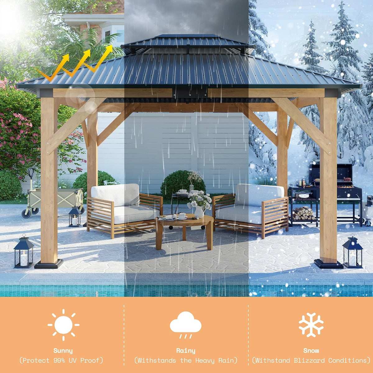 AMERLIFE 10x12 Spruce Wood Gazebo, Hardtop Gazebo with Aluminum Double Roof, Outdoor Pergola with Wood Frame for Parties, Backyard, Lawns, Patio