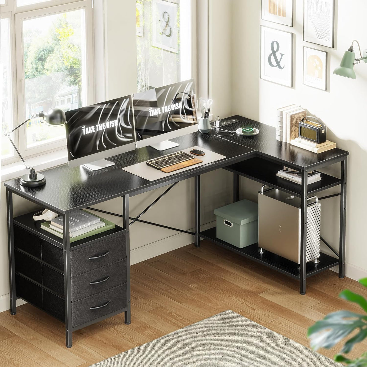 Huuger L Shaped Office Desk with Power Outlets, 55 Inch Computer Desk with 3 Drawers, Shelves, Reverisble for Gaming Corner Work Home Office Study, Black